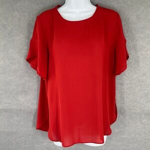 LOFT Red Flutter Sleeve Round Neck Casual Blouse Top Womens Sz‎ M Office Capsule